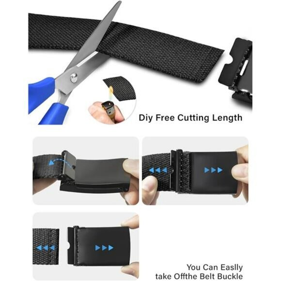 Mens Adjustable Canvas Belt No Holes Black Work Casual Dress Fabric Strap - Picture 4 of 7